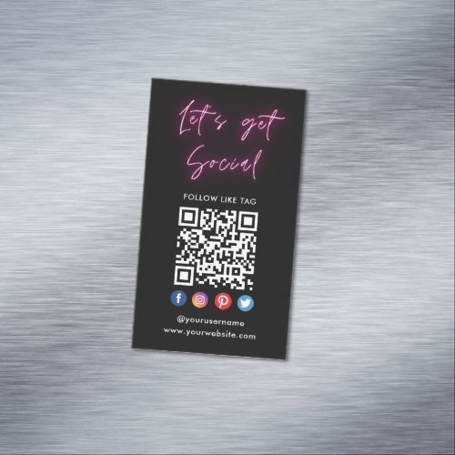 Pink Connect With Us Social Media Qr Code Black Business Card Magnet