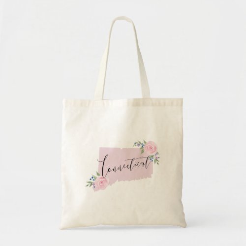 Pink Connecticut Floral State Map Tote Bag
