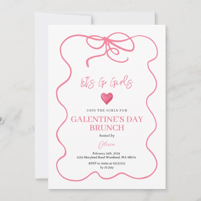 Pink Conquette Handdrawn Girl's Galentine Brunch Invitation (Front)