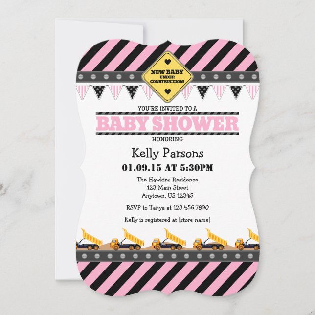 Pink Construction Baby Shower Invitation (Front)