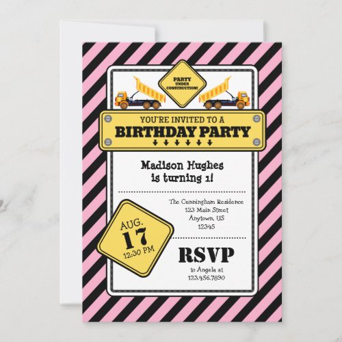 Pink Construction Birthday Invitation