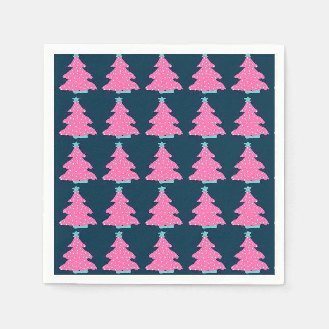 Pink Contemporary Christmas Trees on Navy Blue  Napkins (Front)