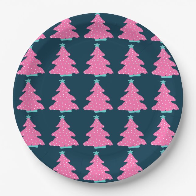 Pink Contemporary Christmas Trees on Navy Blue  Paper Plates (Front)