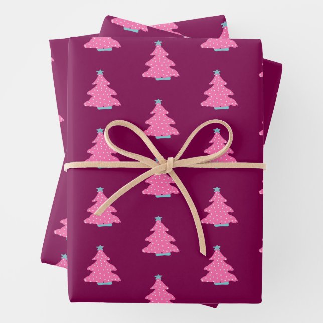 Pink Contemporary Christmas Trees Wrapping Paper Sheets (In situ)