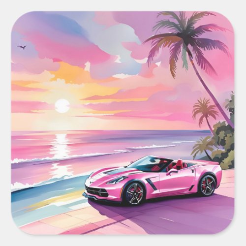 Pink Convertible At The Beach Square Sticker