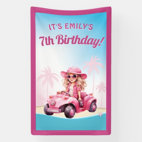 Pink Convertible Beach Birthday Banner