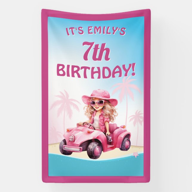 Pink Convertible Beach Birthday Banner (Vertical)