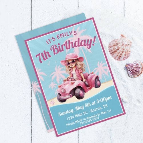 Pink Convertible Beach Birthday Invitation