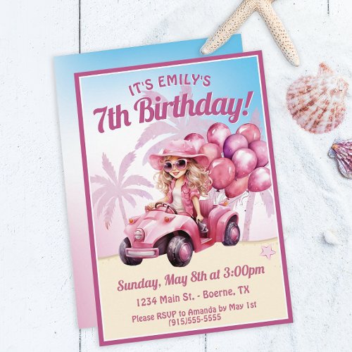 Pink Convertible Beach Birthday Invitation