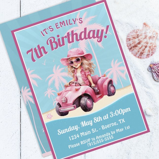 Pink Convertible Beach Birthday Invitation (A fun beach or pool party birthday invitation for the fashionable girl.)