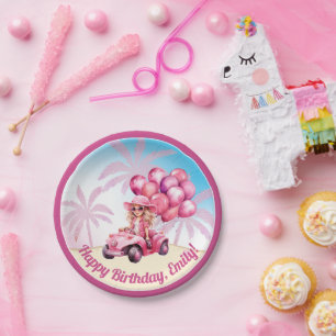 Pink Convertible Beach Birthday Paper Plates