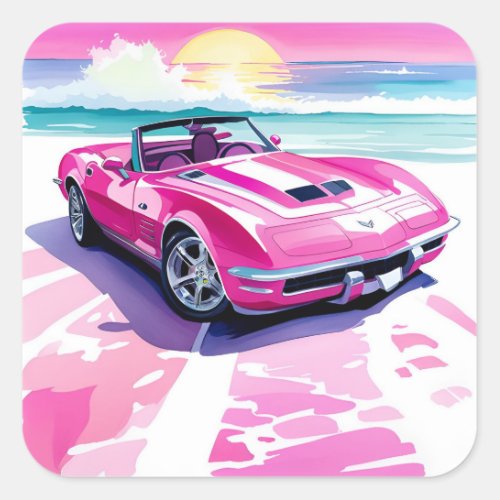Pink Convertible On The Beach Square Sticker