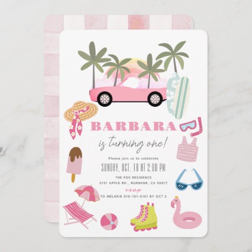 Pink Convertible Palm Tree Girl 1st Birthday Invitation