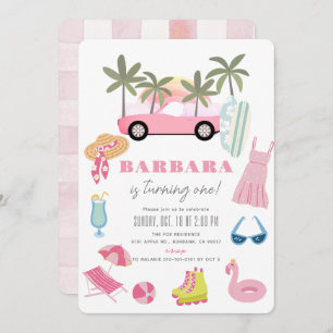 Pink Convertible Palm Tree Girl 1st Birthday Invitation
