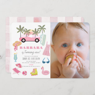 Pink Convertible Palm Tree Girl 1st Birthday Photo Invitation