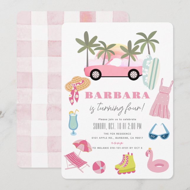 Pink Convertible Palm Tree Girl Birthday Invitation (Front/Back)