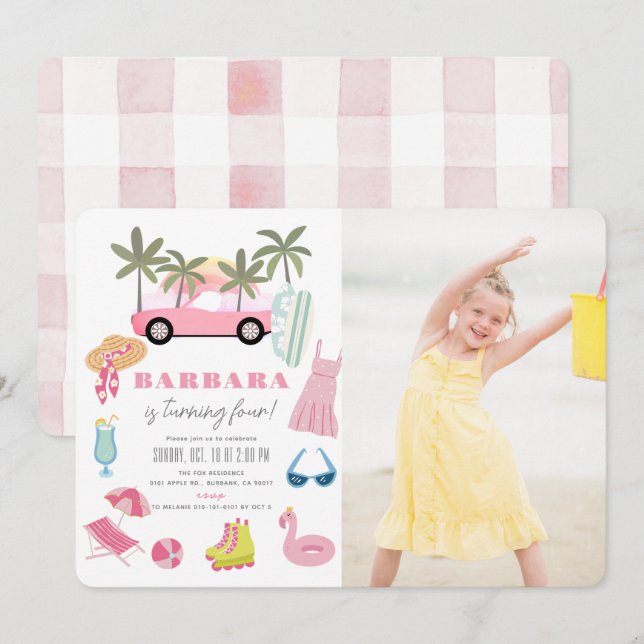 Pink Convertible Palm Tree Girl Birthday Photo Invitation (Front/Back)