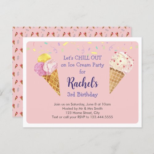 Pink Cool Ice Cream Kids Birthday Party Invitation Postcard