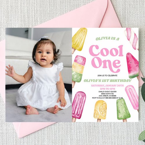 Pink Cool One Popsicle Picture 1st Birthday Party Invitation