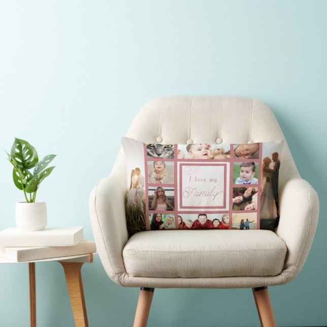 Pink Cool & Trendy I Love My Family Photo Collage Lumbar Pillow (Chair)