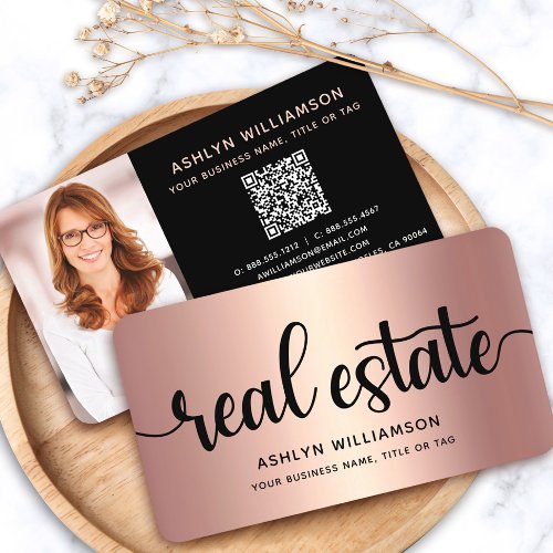 Pink Copper Black Photo Real Estate Agent QR Code Business Card