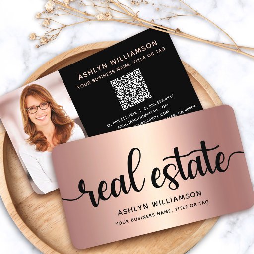 Customizable Pink Copper Black Photo Real Estate Agent QR Code Business Card