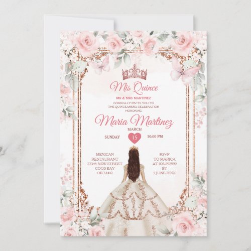 Pink  Copper Gold Flowers Princess Mis Quince Invitation