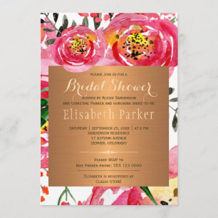 Pink copper peony roses floral bridal shower invitation