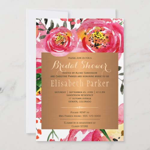 Pink copper peony roses floral bridal shower invitation