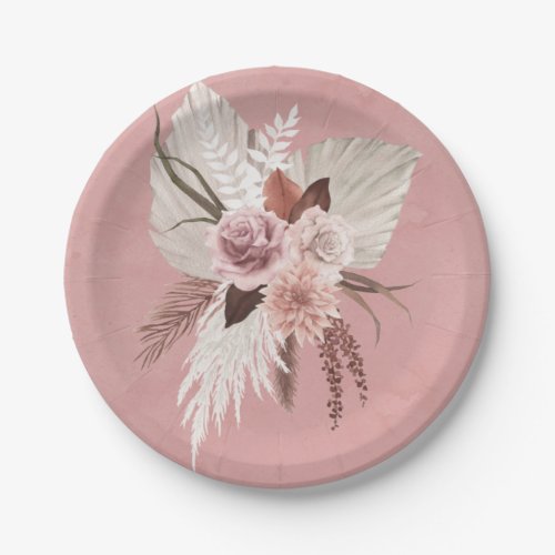 Pink Copper Tropical Pampas Grass Seaside Wedding Paper Plates