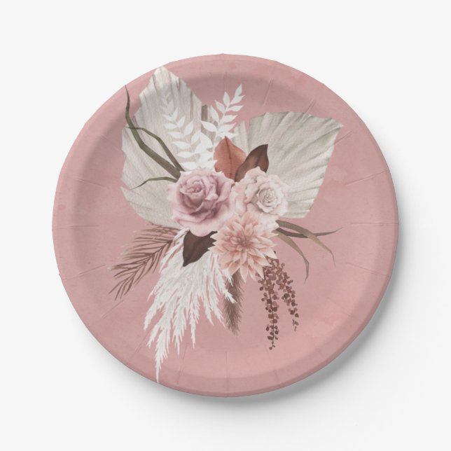 Pink Copper Tropical Pampas Grass Seaside Wedding Paper Plates (Front)