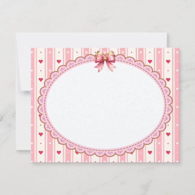 Pink Coquette Aesthetic Frame with Bow and Hearts Note Card (Front)