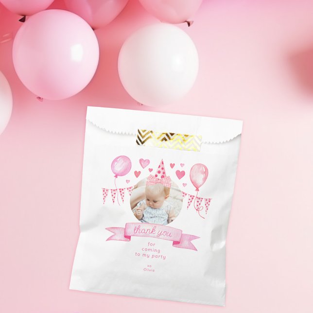 Pink Coquette Baby Girl Bow Birthday Thank You Favor Bag (favor gift bag with custom photo and coquette birthday hat and bow that's movable to fit your design)