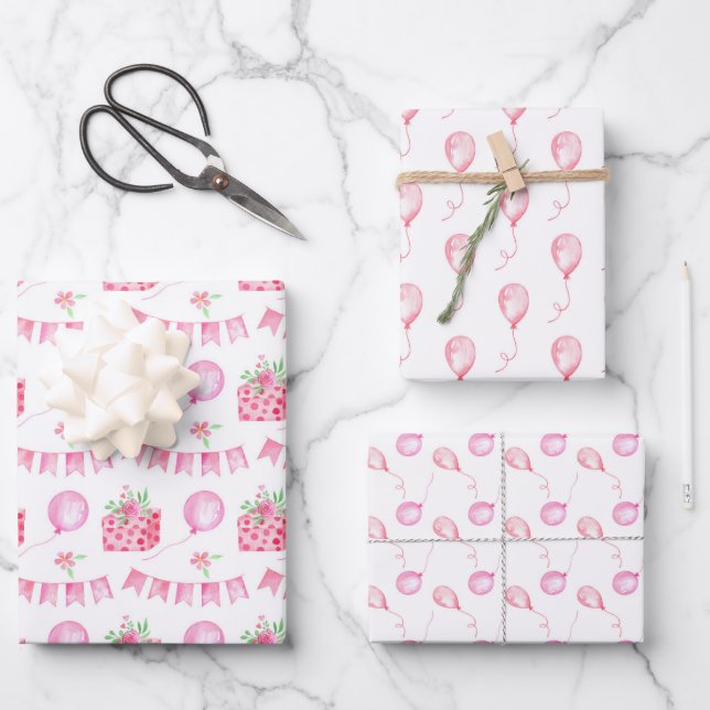 pink Coquette Balloon Girl Birthday Wrapping Paper Sheets (Front)