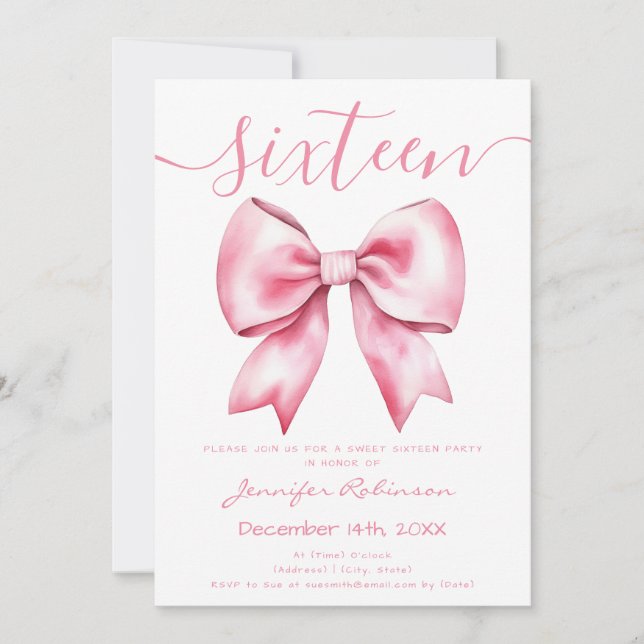 Pink Coquette Blush Bow Sweet 16 Birthday Invitation (Front)