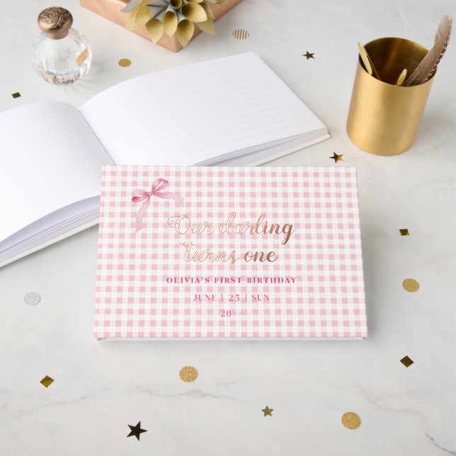 Pink Coquette Bow 1st Birthday Girl  Foil Guest Book (Front Open)