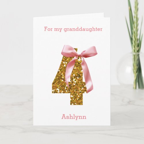 Pink Coquette Bow and Gold Glitter 4th Birthday Card