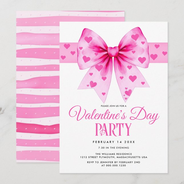 Pink coquette bow and hearts Valentine's Day party Invitation (Front/Back)