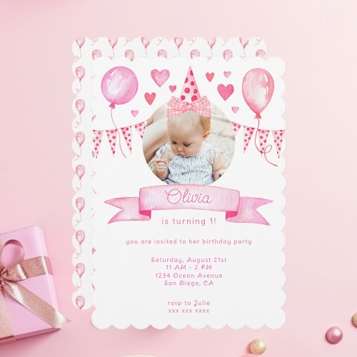 Pink Coquette Bow Baby Girl Movable Birthday Hat Invitation