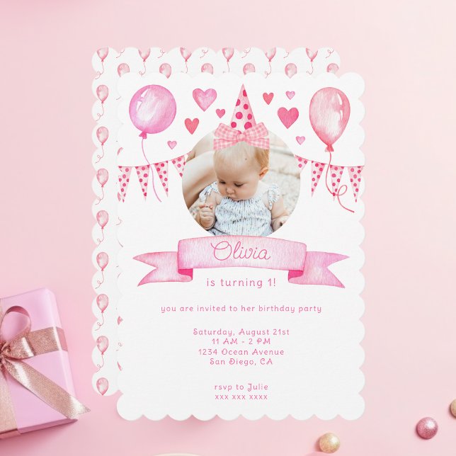 Pink Coquette Bow Baby Girl Movable Birthday Hat Invitation (scalloped baby birthday invitation card with movable hat and preppy pink coquette bow illustrations)