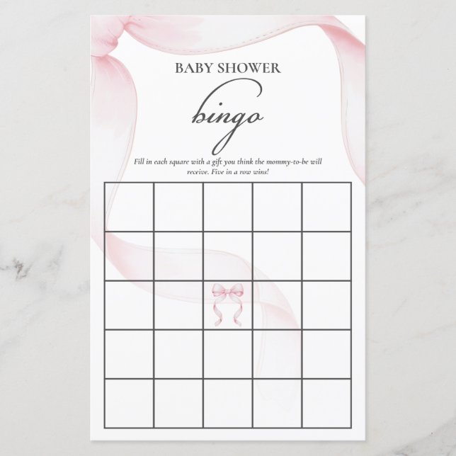Pink Coquette Bow Baby Shower Bingo Game (Front)