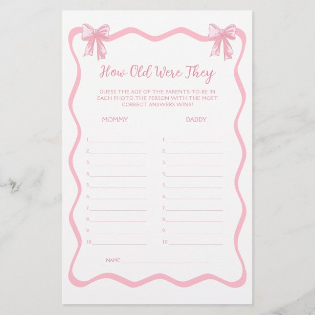 Pink Coquette Bow Baby Shower Guess The Age Game (Front)