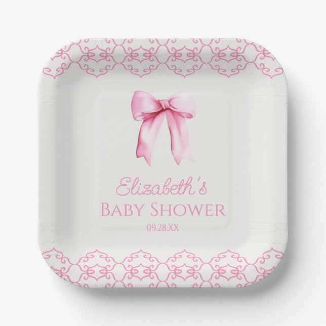 Pink Coquette Bow Baby Shower Paper Plates (Front)