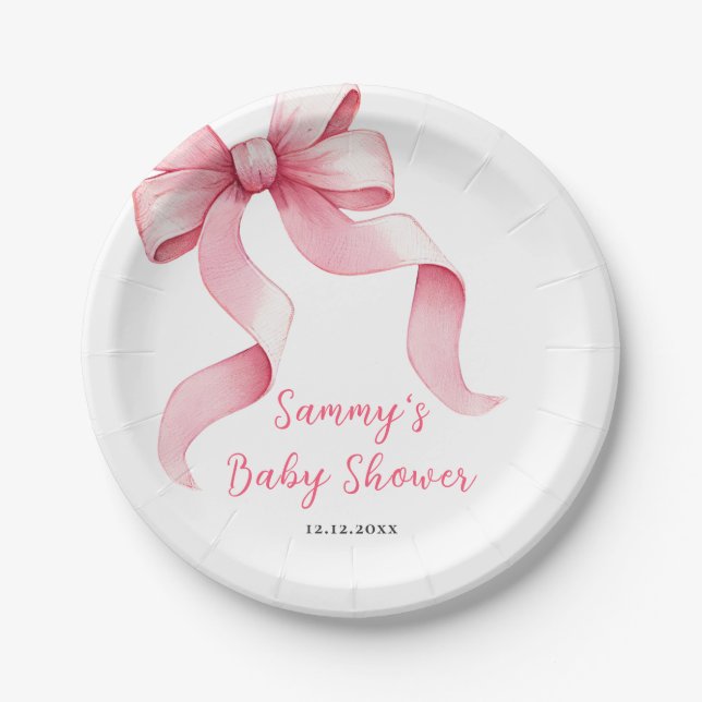 Pink Coquette Bow Baby Shower Paper Plates (Front)