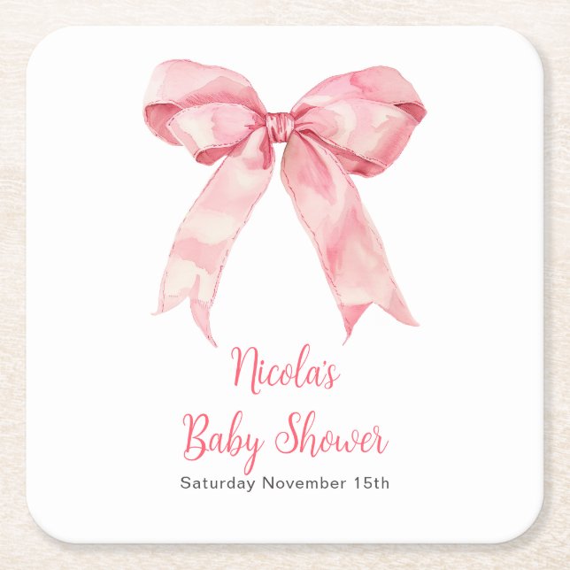 Pink Coquette Bow Baby Shower Square Paper Coaster (Front)