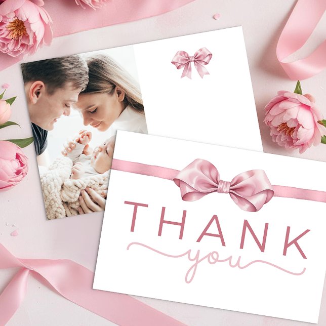 Pink Coquette Bow Baby Shower Thank You Card – Ele (Thank You Photo Card - Blank space to write on)