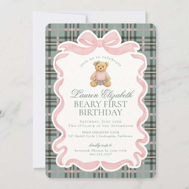 Pink Coquette Bow Bear Beary First Birthday Invitation (Front)