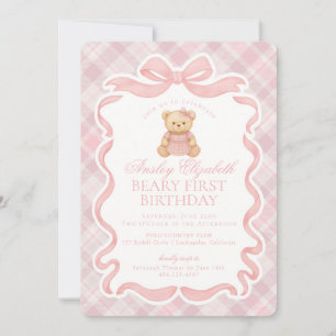 Pink Coquette Bow Bear Beary First Birthday Invitation