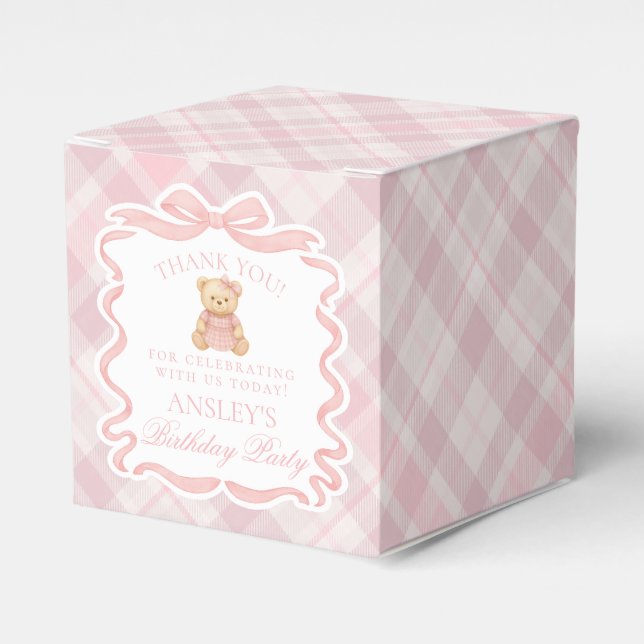 Pink Coquette Bow Bear Girl Birthday Favor Box (Front Side)
