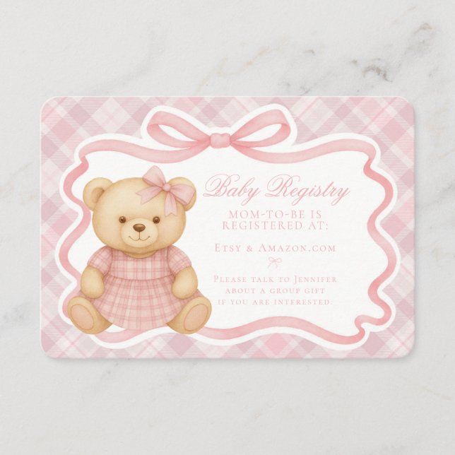 Pink Coquette Bow Bear Plaid Baby Registry Card (Front)